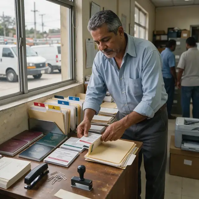 a worker organizing stacks of passports, union cards and insurance certificates into clearly labeled file folders on a credenza