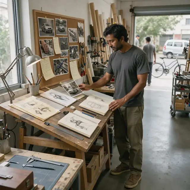an artist standing at a drafting table reviewing reference images and handwritten notes pinned to a corkboard above scattered sketchbooks