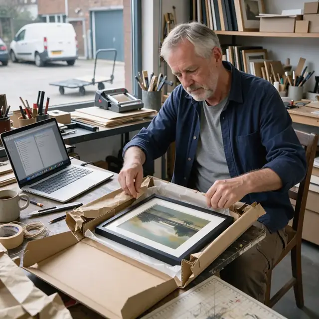 an artist opening a package containing a framed print from a previous client while seated at a desk with a laptop open to client notes