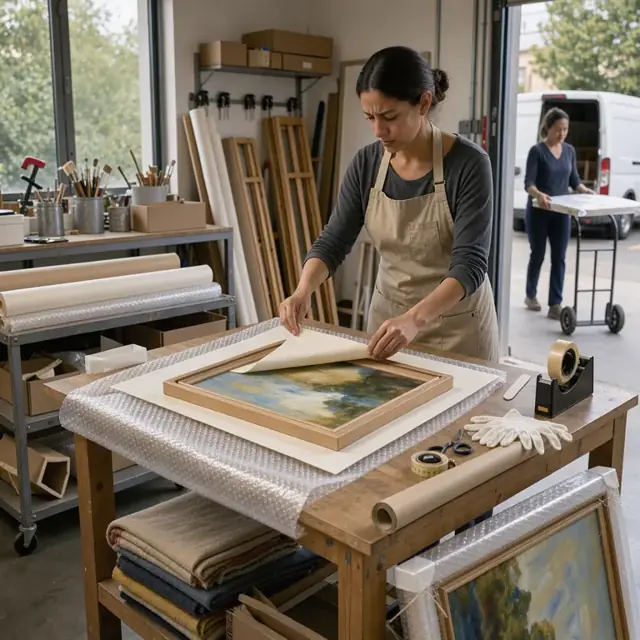 an artist carefully wrapping a finished painting in archival paper and bubble wrap on a clean wooden work table
