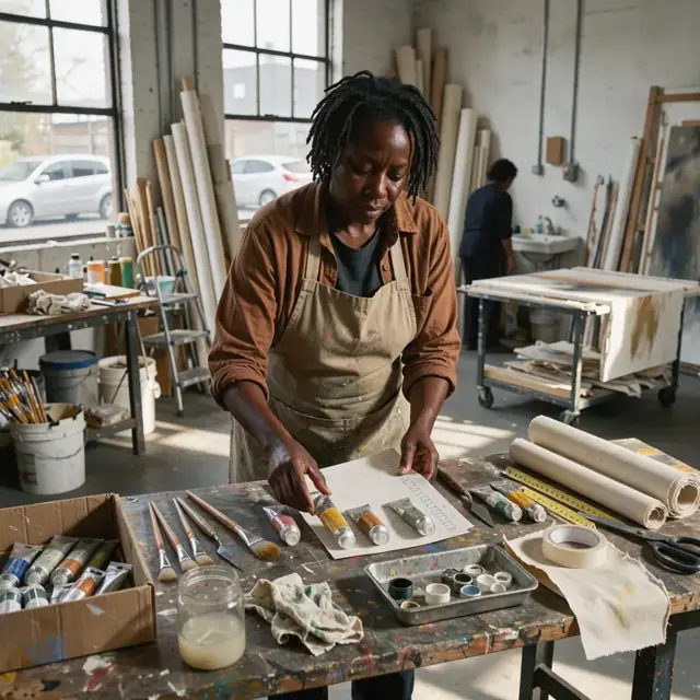 an artist sorting tubes of paint, brushes and rolls of canvas against an open inventory checklist inside a sunlit studio