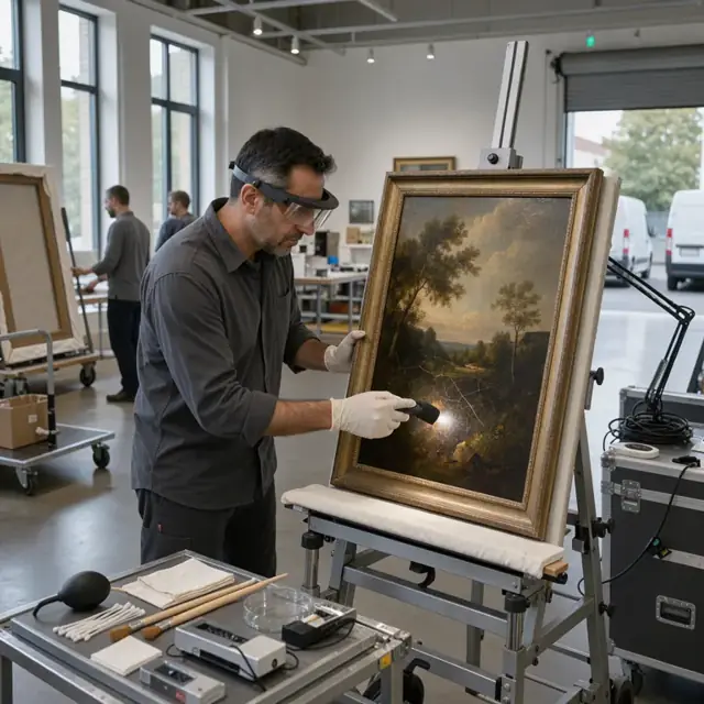 worker wearing gloves and magnifying visor examining the surface of an oil painting under controlled gallery lighting