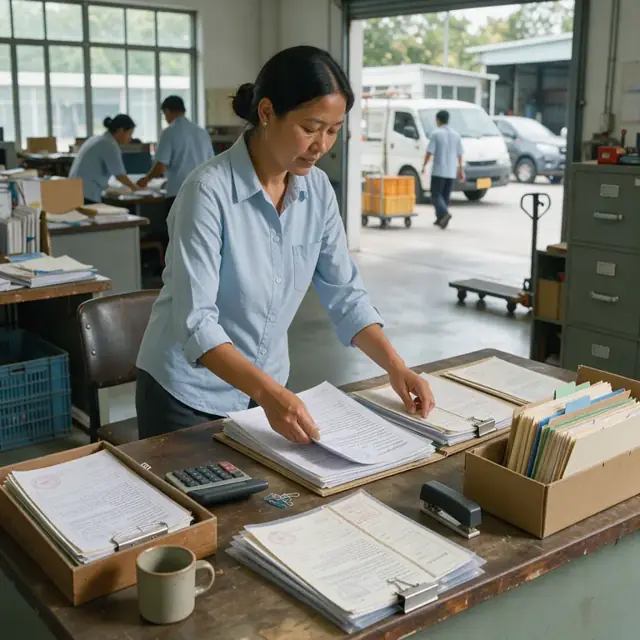 worker organizing stacks of loan agreements and insurance certificates at a large wooden desk