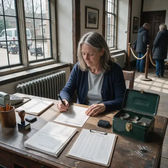 a wooden desk inside a restored historic building with reservation request forms, a printed daily tour schedule and a vintage-style cash box