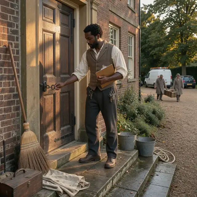 a worker in period-appropriate attire unlocking the heavy wooden door of a historic house museum at sunrise while holding a clipboard