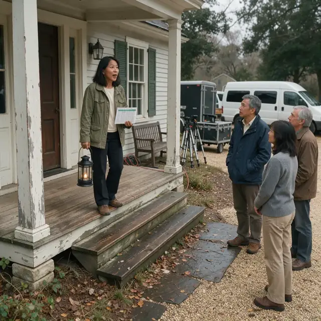 a guide standing on the porch of a historic home holding a lantern and a small group schedule while visitors wait on the gravel path