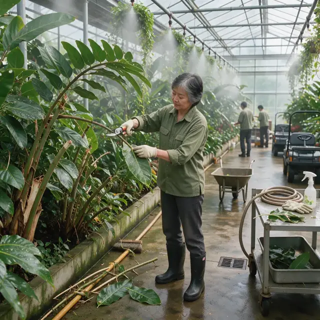 a staff member pruning a large tropical plant inside a humid greenhouse with misting pipes visible overhead