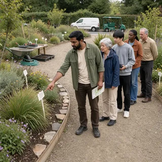a guide leading a small group of visitors along a winding garden path while pointing at labeled native plants