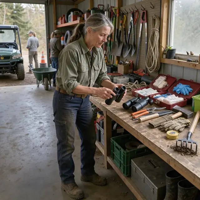 a worker inspecting binoculars, first-aid kits and trail tools laid out on a workbench inside a park maintenance shed