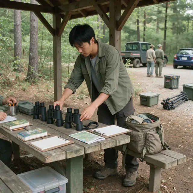 a worker organizing binoculars, field guides and clipboards on a picnic table at a trailhead shelter