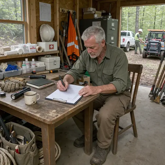 a worker at a wooden desk inside a trail office completing a safety checklist with first aid supplies visible on the shelf