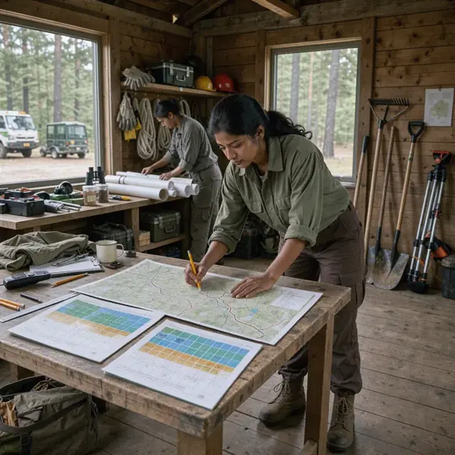 a worker reviewing large paper maps and seasonal calendars spread across a table in a rustic park office