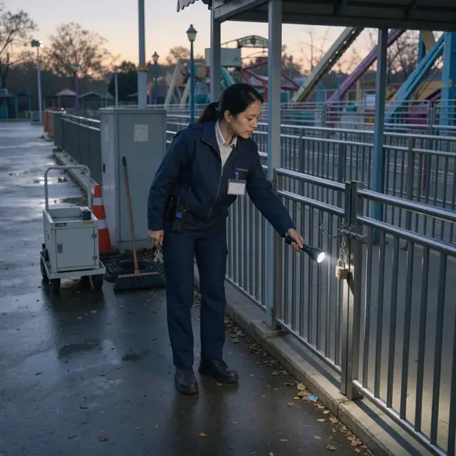 a uniformed supervisor walking through an empty park at dawn shining a flashlight on a closed ride entrance gate