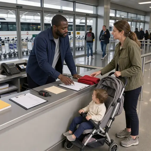 an attendant at a guest services counter assisting a visitor with a stroller and a lost item claim form