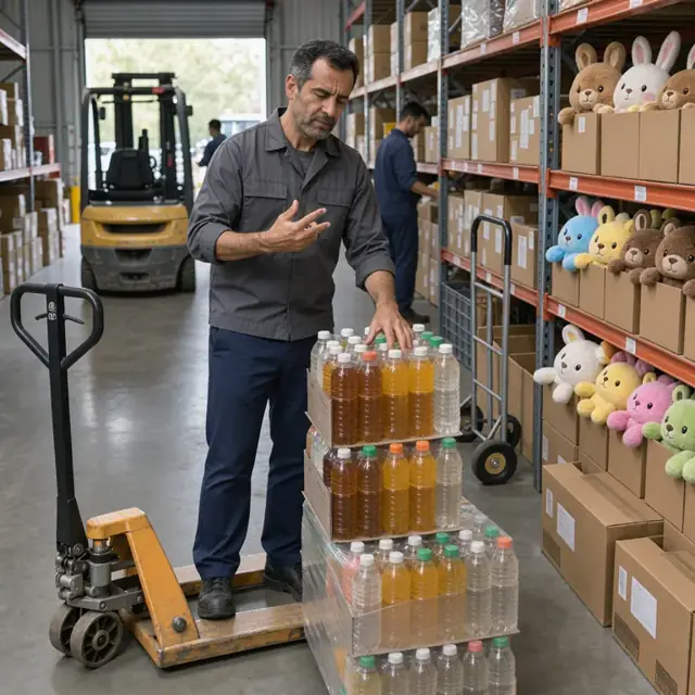 a stock clerk counting cases of bottled drinks and boxes of character-themed plush toys on metal shelving in a storage room