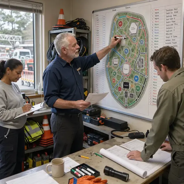 a planner marking start times on a large wall board showing ride layouts and show stages inside a park office