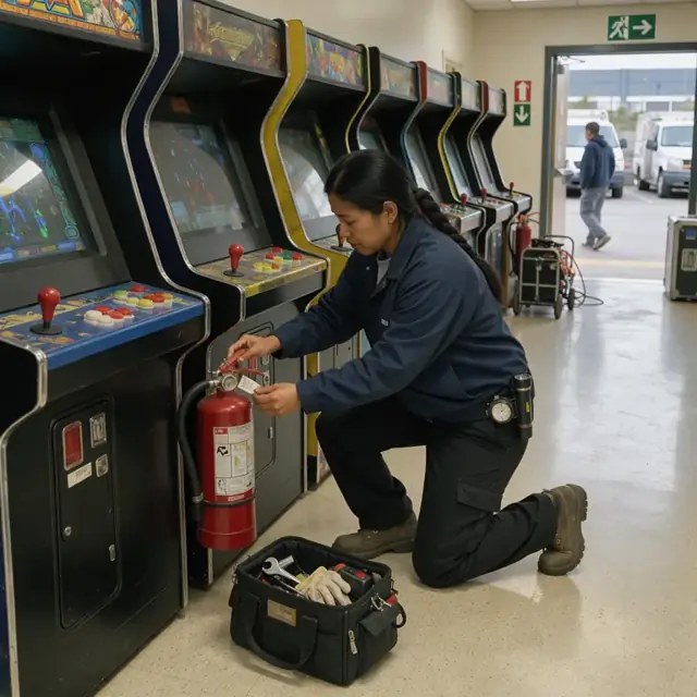 a worker checking fire extinguishers and emergency exit signs along a wall lined with arcade machines