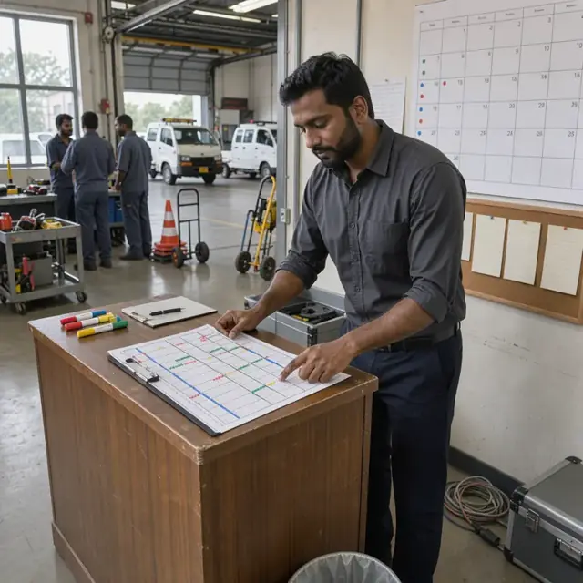 a manager standing at a podium reviewing a printed schedule grid with colored markers next to a large wall calendar in a back office