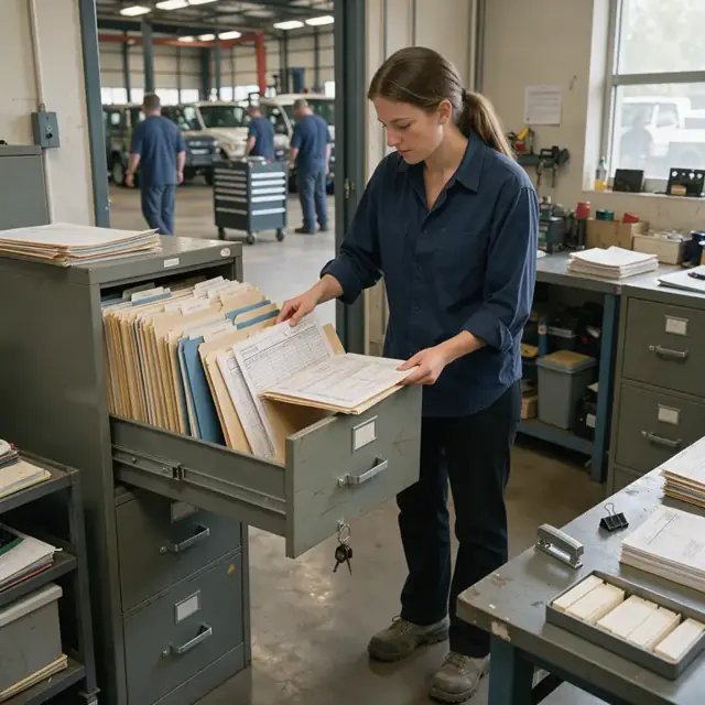 a worker filing printed transaction logs and license documents into organized folders inside a metal filing cabinet