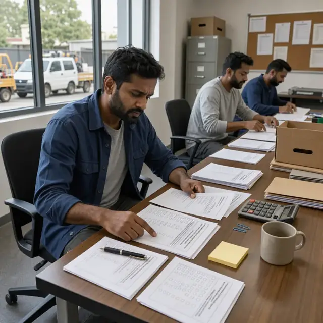 a worker reviewing printed participant feedback forms and past season summaries spread across a conference table