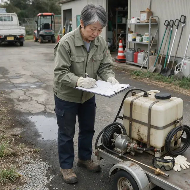 a grounds crew member completing a pesticide application log on a clipboard beside a sprayer tank in the maintenance yard