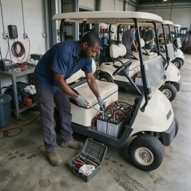 a mechanic in a golf cart maintenance bay checking the battery connections on a line of electric golf carts