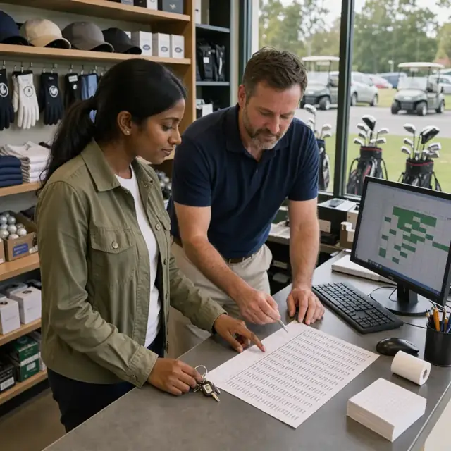 a golf pro shop counter with a staff member reviewing a printed tee sheet next to a computer showing available tee times