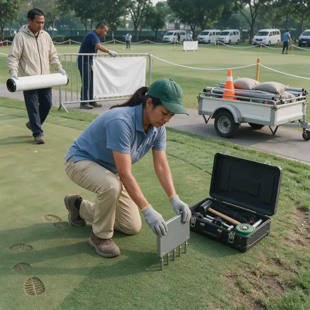 a golf professional setting up scoring signs and sponsor banners on the practice green before a tournament