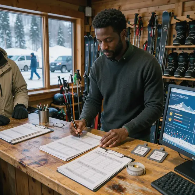 a wooden counter inside a ski lodge with reservation forms and equipment sizing charts spread out next to a computer screen showing the day's snow report