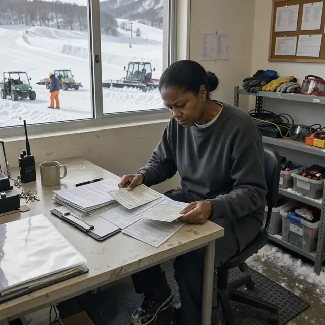 a worker in a back office reviewing a stack of maintenance logs and certification cards at a desk with a window overlooking snow-covered slopes