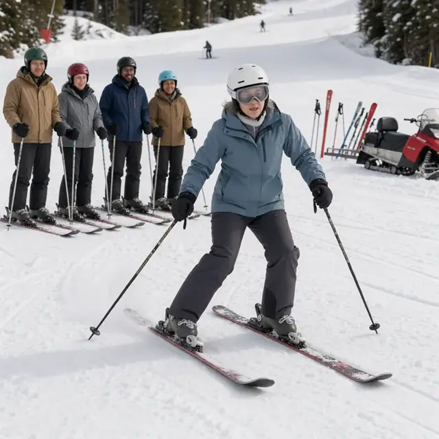 an instructor demonstrating a turn on a gentle beginner slope while a small group of students in helmets watches nearby