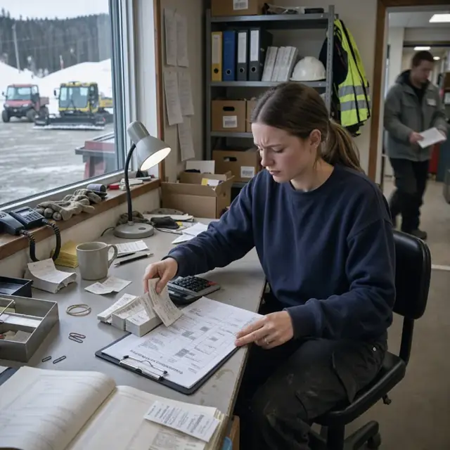 a worker at a desk in a back office counting tickets and receipts while reviewing a printed daily snow and grooming report