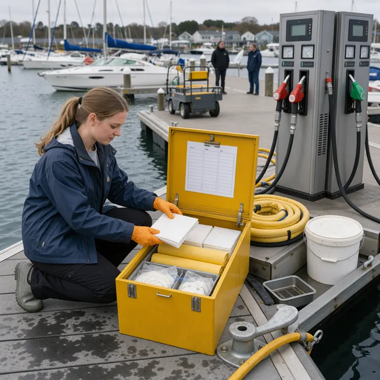 a marina attendant checking a spill kit station beside fuel pumps on a floating fuel dock