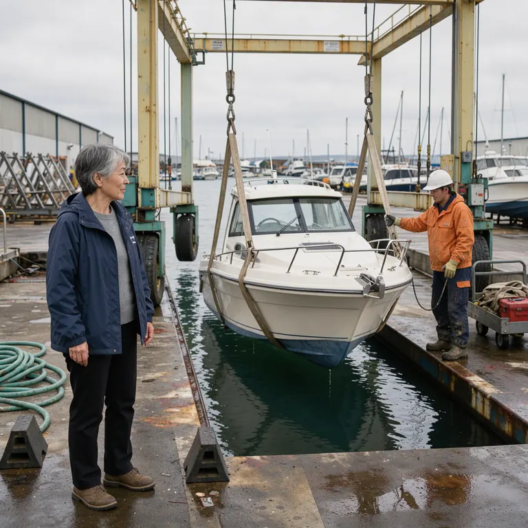 a travel lift hoisting a powerboat out of the water with a yard worker in a hard hat guiding the slings