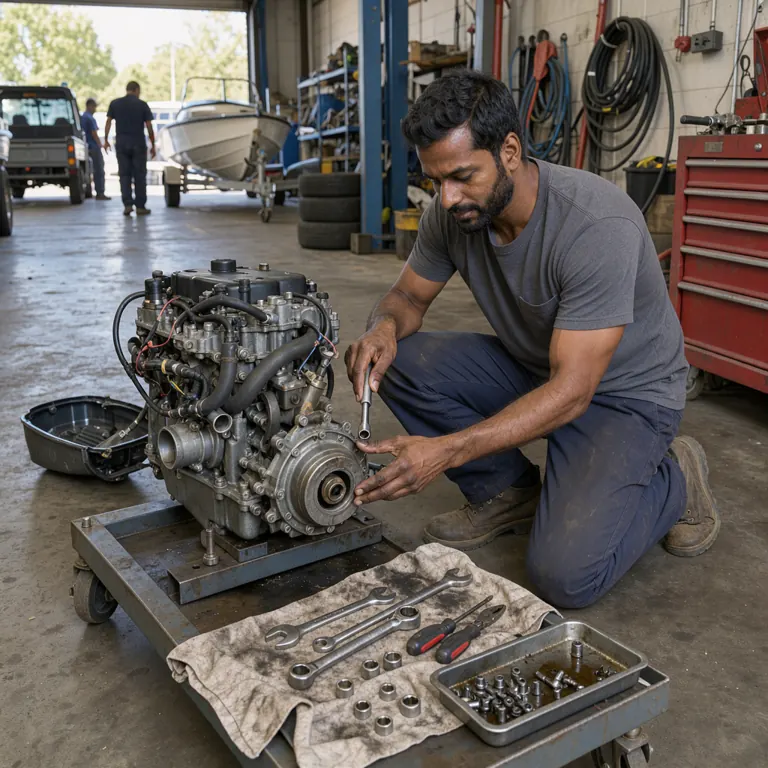 a marine mechanic working on an outboard engine in a boatyard shop, tools laid out on a rag