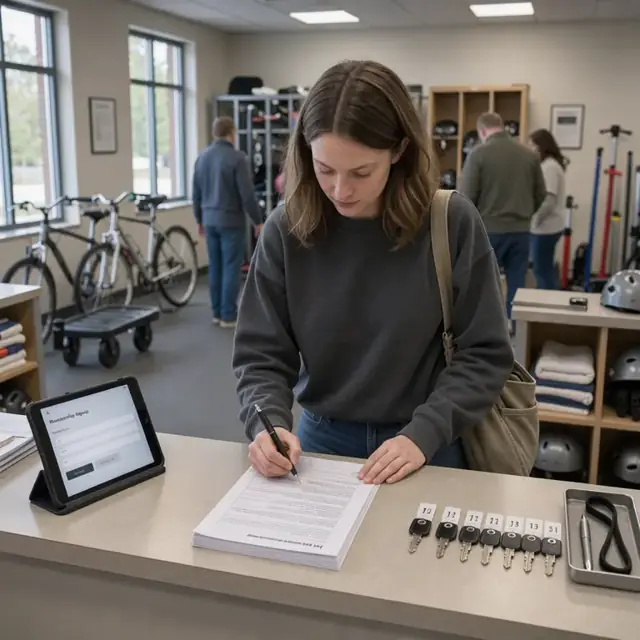 a reception desk with a stack of printed waiver forms next to a tablet displaying a membership signup screen and a row of locker keys