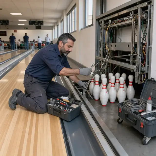 a technician with toolbox adjusting the pinsetter mechanism at the end of a bowling lane with pins standing ready