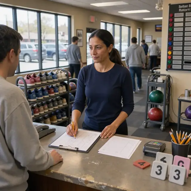 a front desk counter with reservation forms, a row of bowling shoes on racks and a lane availability board in the background