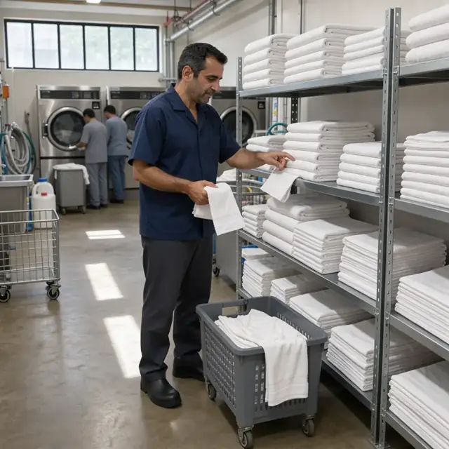 a worker counting stacks of folded white towels and linens on metal shelves inside a brightly lit hotel laundry and storage room