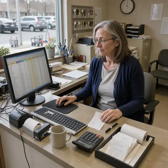 a worker sitting at a quiet front desk with a computer screen displaying a spreadsheet of daily room charges and receipts