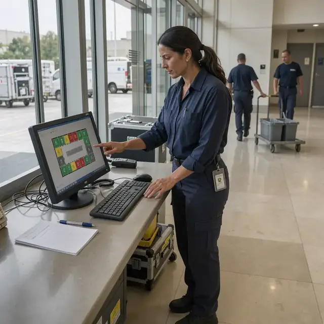 a worker standing at a lobby computer terminal reviewing a digital floor plan with color-coded room statuses