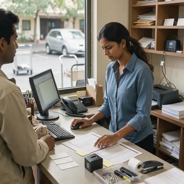 a worker reviewing reservation details on a monitor at a front desk with room key cards and printed schedules nearby