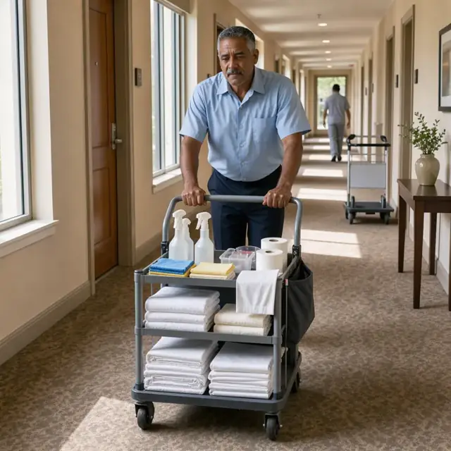 a worker pushing a housekeeping cart loaded with linens and supplies down a hotel hallway
