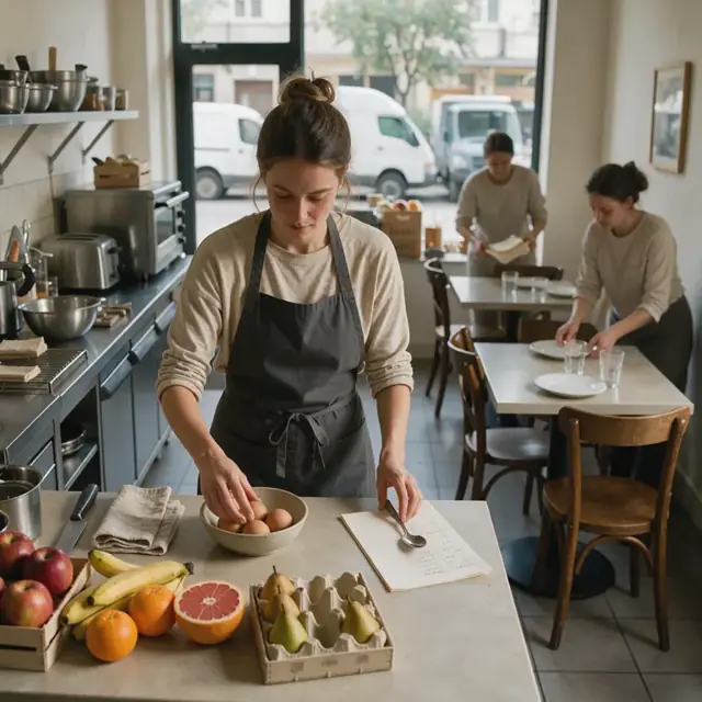 a kitchen counter with fresh fruit, eggs and a handwritten breakfast order list next to a row of small dining tables being set