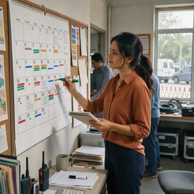 a wall calendar in an office with colored markers showing booked nights and notes about upcoming local festivals