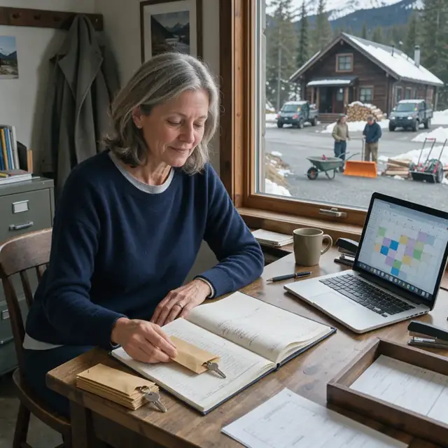 a wooden desk with an open reservation ledger, property key envelopes and a laptop displaying a calendar next to a window overlooking a mountain cabin