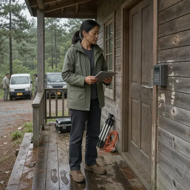 a person standing on the porch of a wooden cabin holding a tablet while looking at the front door with a numeric lockbox