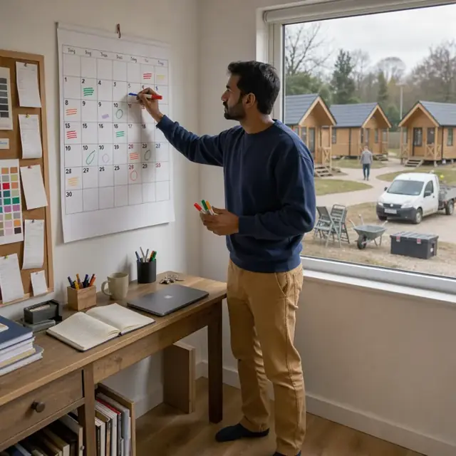 a person updating a wall calendar with colored markers in a home office overlooking several small vacation rental cabins