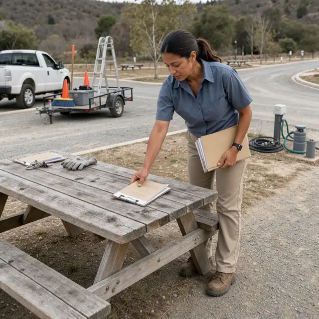 a worker placing a welcome packet on a picnic table at a vacant RV site next to a gravel road