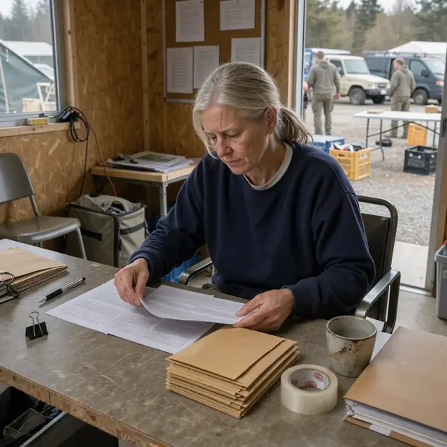 a camp office desk with printed feedback forms next to a stack of photo envelopes
